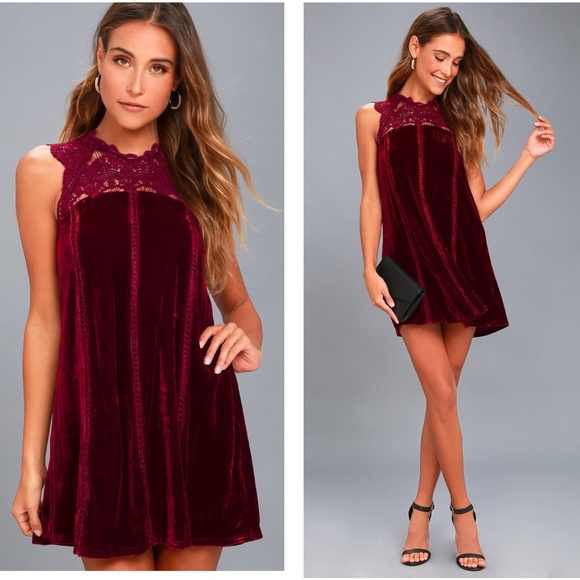 Lulus Dresses & Skirts - LULU’S Who’s Who Velvet Lace Shift Maroon Dress